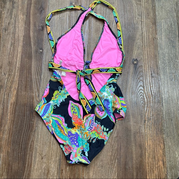 Trina Turk Sea Garden Multi One Piece Halter Cross-back Swimsuit Size 6 - Picture 7 of 11
